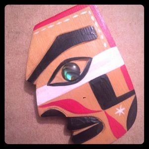 PacNW Native American wood man pin brooch abalone